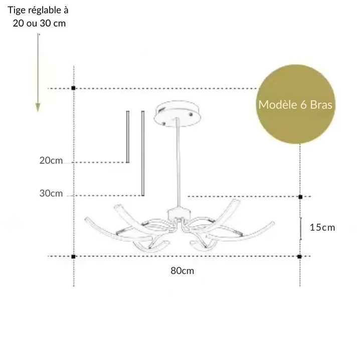 Lustre araignée 6 bras de 80 cm avec éléments LED orientables, au design moderne, graphique et modulable.