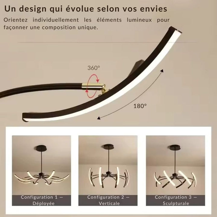 Bras orientables à 360° et 180° pour ce lustre araignée, modulable en plusieurs compositions au style sculptural et design.