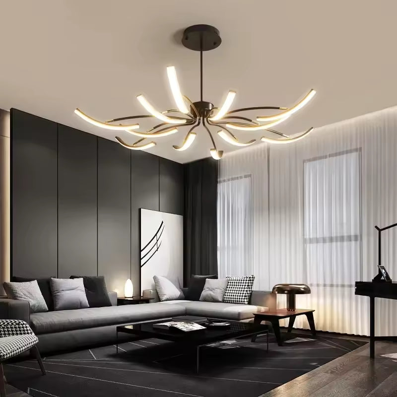 Dans ce salon moderne, le lustre araignée déploie ses bras LED courbés dans un style sculptural et contemporain.
