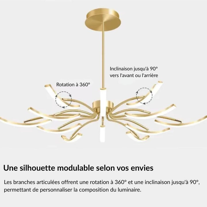 Lustre araignée doré à bras orientables à 360°, pensé comme une suspension modulable au design sculptural et contemporain.