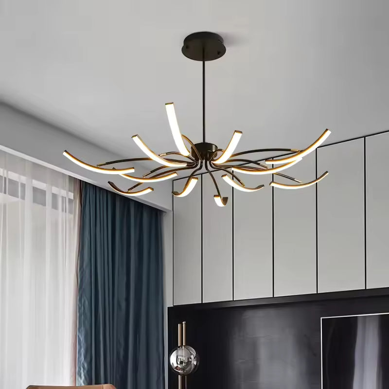 Silhouette aérienne d’un lustre araignée aux bras LED courbés, pensée pour un salon moderne au style graphique et contemporain.