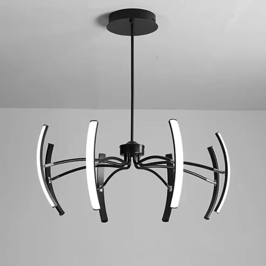 Lustre araignée noir à bras LED relevés verticalement, créant une silhouette graphique au style moderne et architectural.