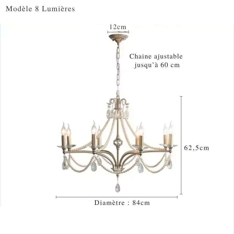 Schéma du lustre argenté classique à 8 branches, orné de perles nacrées, avec un diamètre de 84 cm.