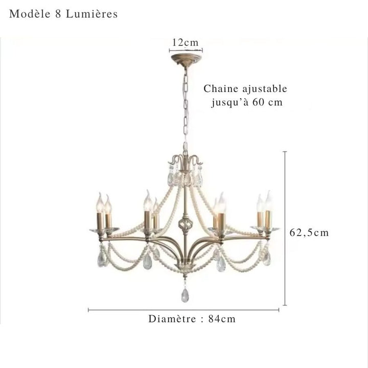 Schéma du lustre argenté classique à 8 branches, orné de perles nacrées, avec un diamètre de 84 cm.