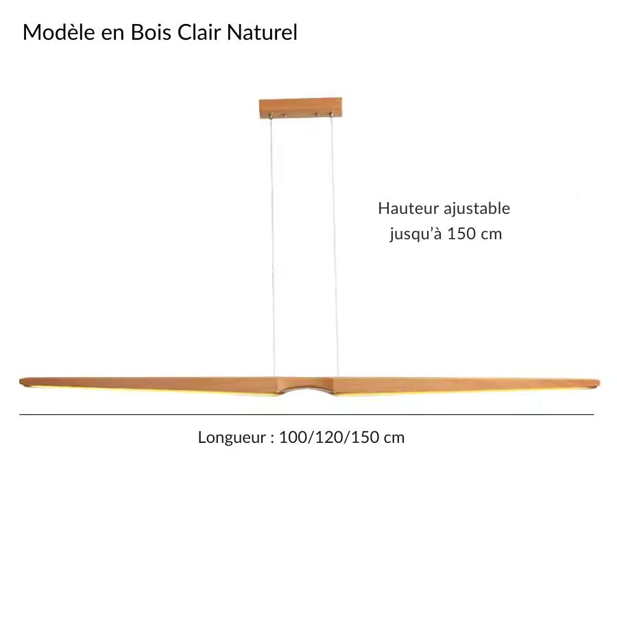 Dimensions d'une suspension LED en bois clair naturel au style épuré, avec hauteur réglable