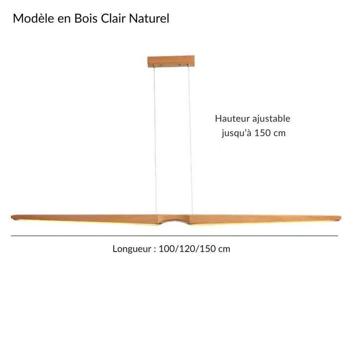 Dimensions d'une suspension LED en bois clair naturel au style épuré, avec hauteur réglable