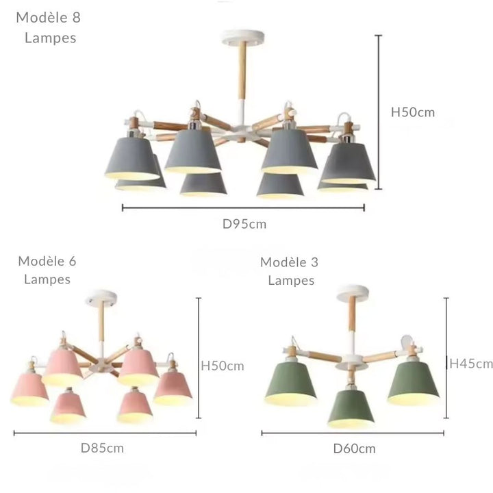 Déclinaisons du lustre bois scandinave en 3, 6 et 8 lampes avec abat-jour colorés au style nordique
