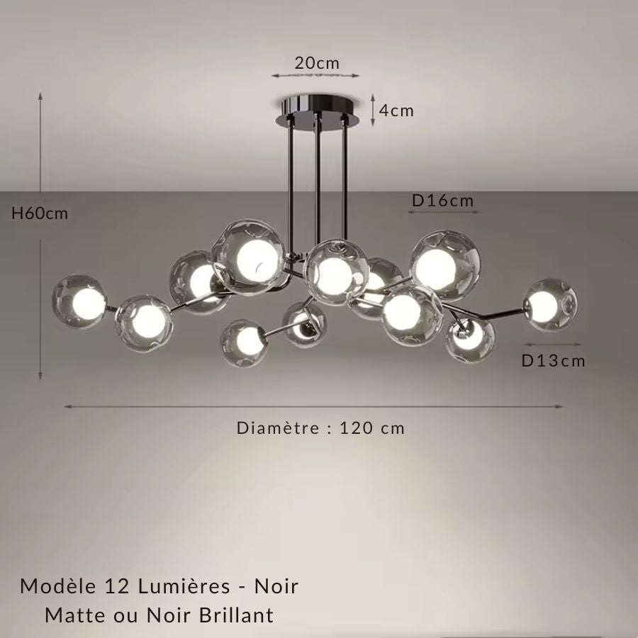Lustre branche 12 lumières à multiples globes en verre fumé et structure noire au design ramifié