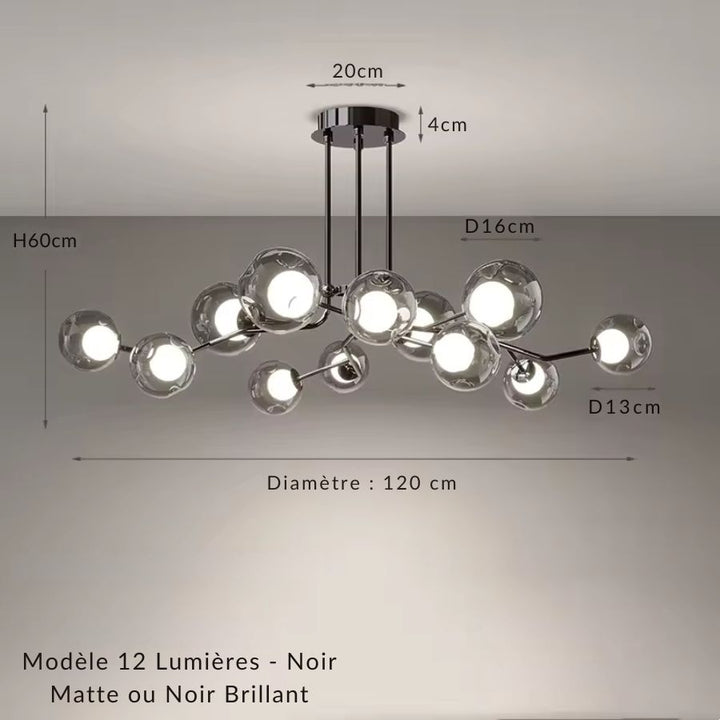 Lustre branche 12 lumières à multiples globes en verre fumé et structure noire au design ramifié
