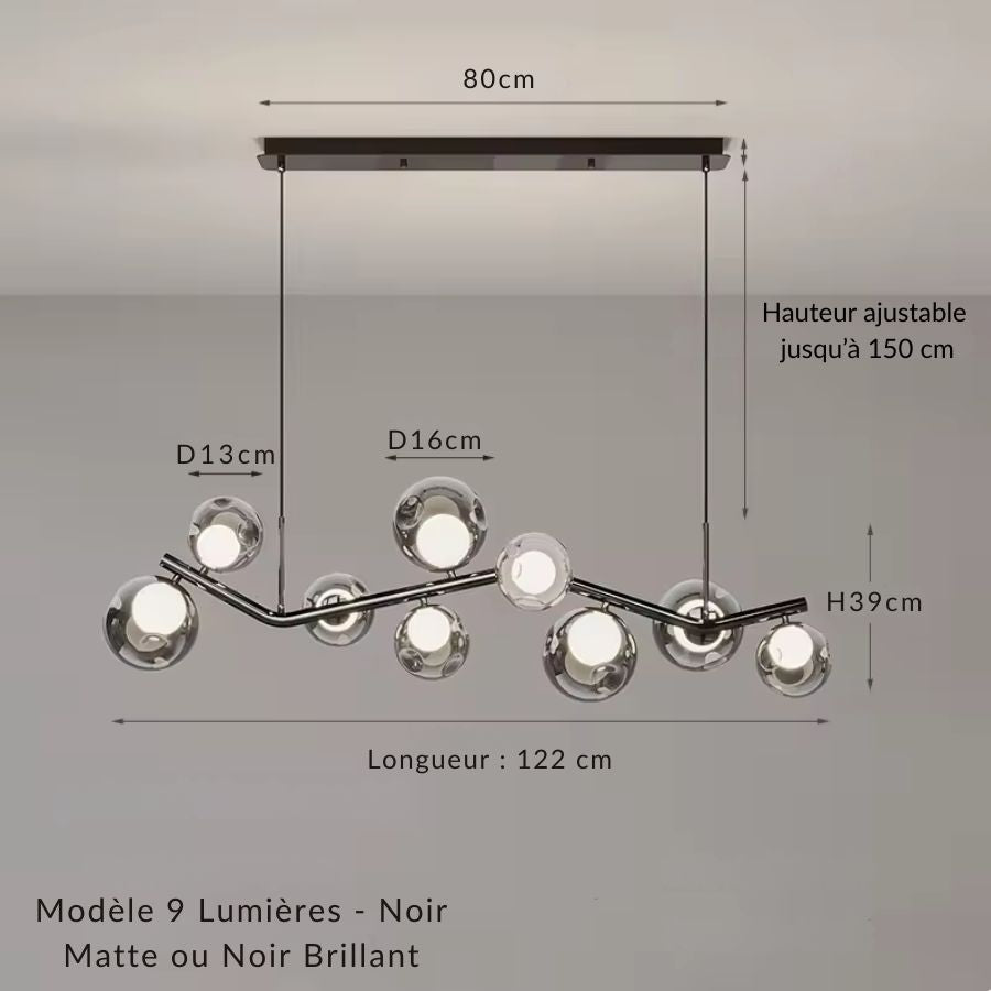 Lustre branche 9 lumières à globes en verre fumé, disponible en finition noire mate ou brillante