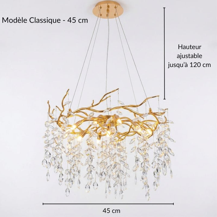Lustre design doré en forme de branche avec pampilles en cristal, diamètre 45 cm, éclairage LED élégant.
