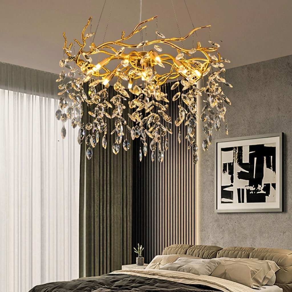 Lustre contemporain doré en forme de branches avec pampilles en cristal suspendu dans une chambre élégante.