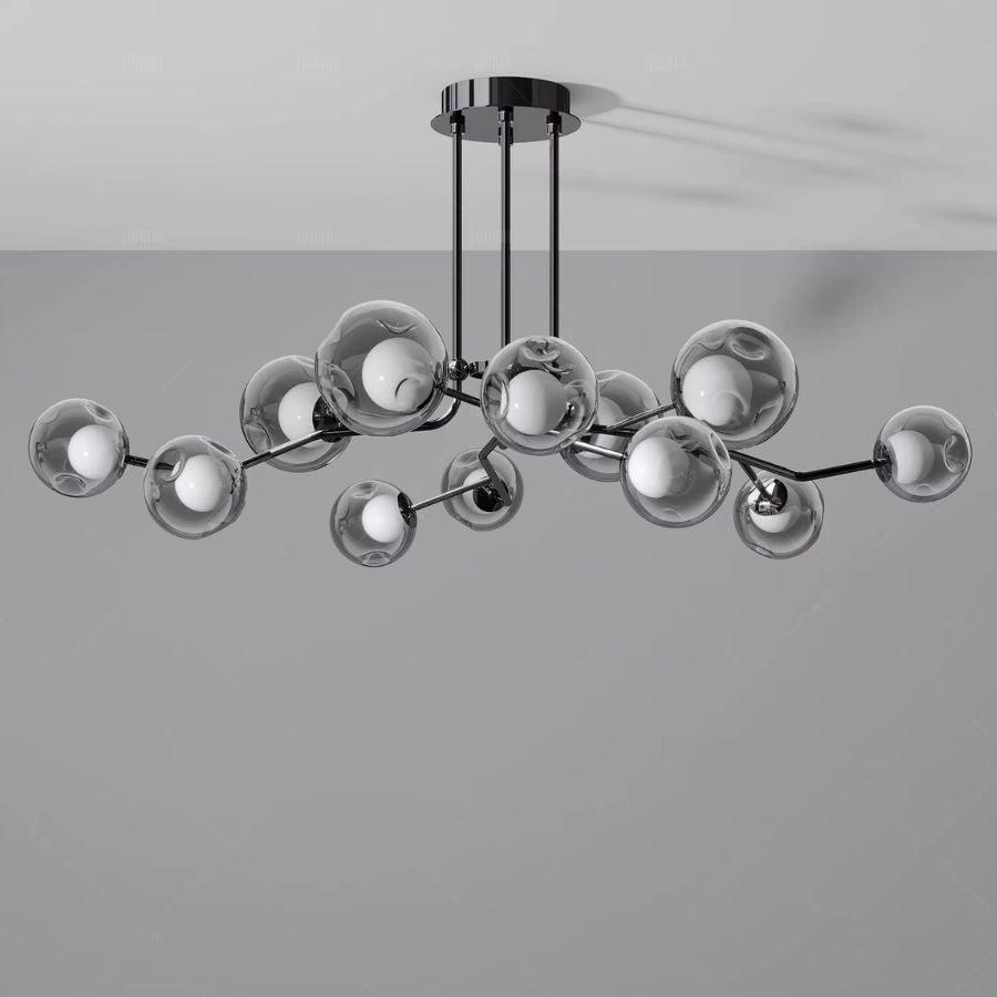 Lustre branche à nombreux globes en verre fumé, au design artistique et ramifié avec structure noire brillante