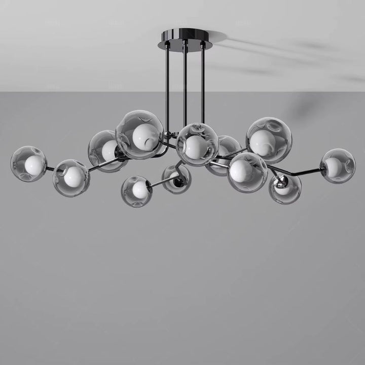 Lustre branche à nombreux globes en verre fumé, au design artistique et ramifié avec structure noire brillante