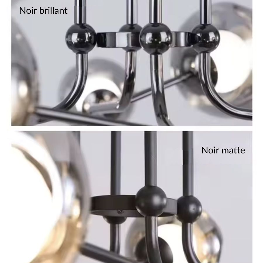 Détail du lustre branche comparant les finitions noir brillant et noir mat de sa structure au design contemporain