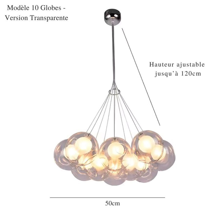 Lustre design à 10 bulles de verre transparent, de 50 cm de diamètre, avec câbles réglables jusqu'à 120 cm.