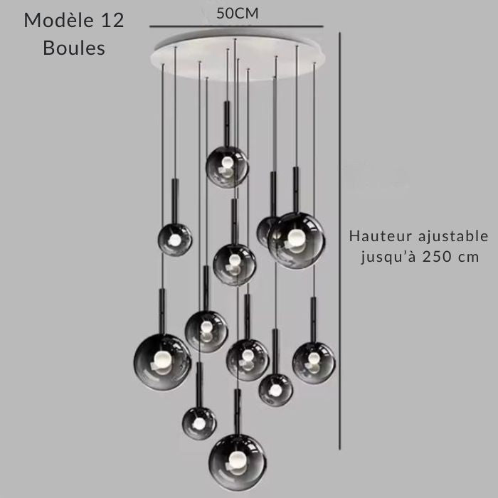 Suspension grande hauteur 12 globes en verre fumé noir, base 50 cm, style chic contemporain.