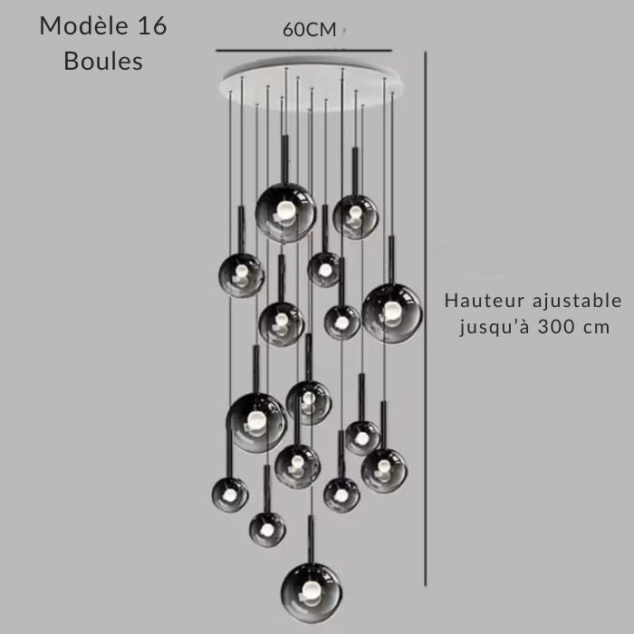 Lustre en cascade 16 globes verre fumé noir, base 60 cm, parfait pour vide sur séjour.