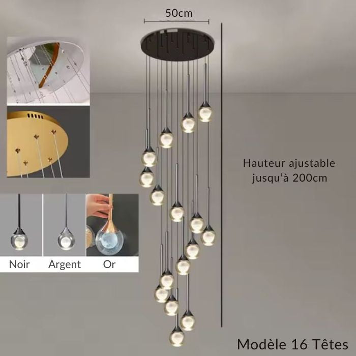 Lustre cascade 16 têtes, verre transparent à cœur opalin, ambiance luxe moderne pour vide sur séjour.