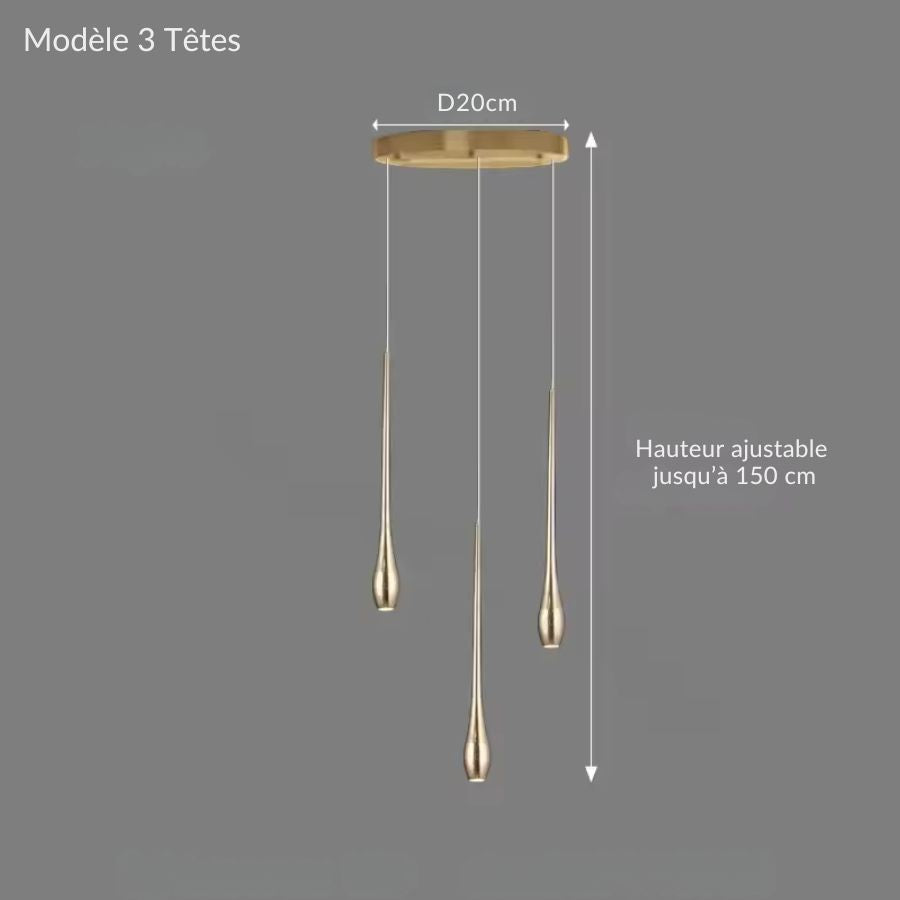Lustre cascade à trois gouttes dorées suspendues à différentes hauteurs, au style aérien et raffiné