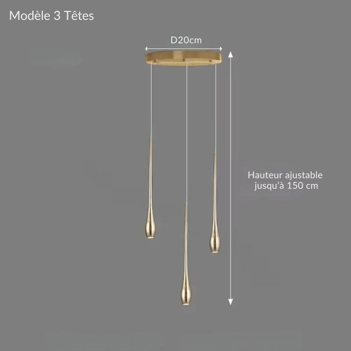 Lustre cascade à trois gouttes dorées suspendues à différentes hauteurs, au style aérien et raffiné