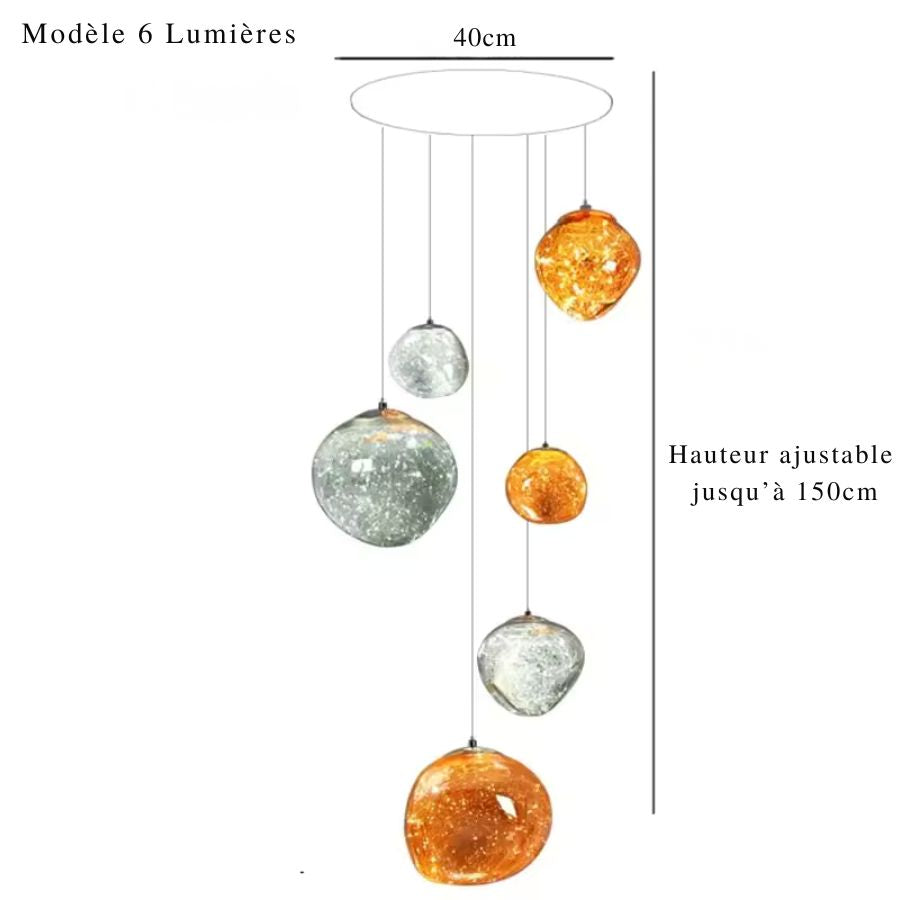 Lustre cascade design à 6 globes ambrés et argentés, avec rosace de 40 cm et hauteur ajustable jusqu'à 150 cm.