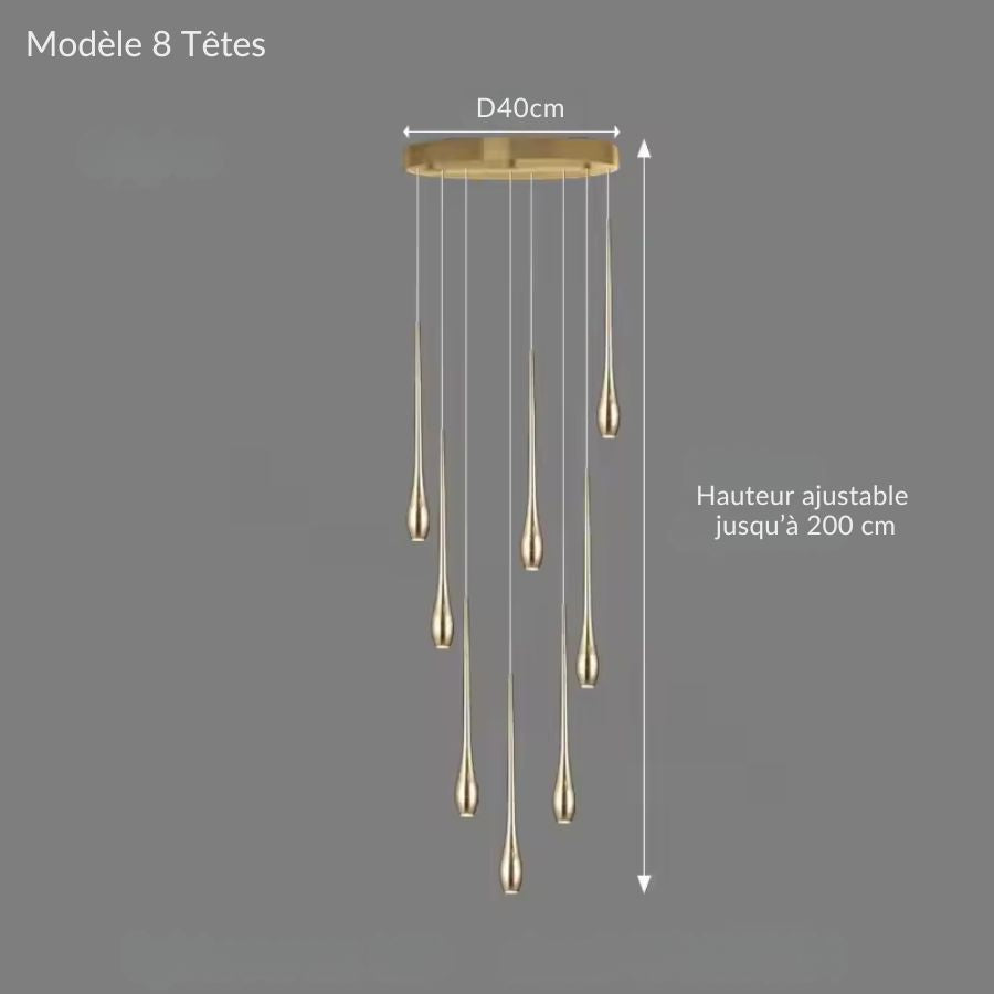 Composition de huit gouttes dorées en cascade, idéale pour apporter du relief à un intérieur contemporain