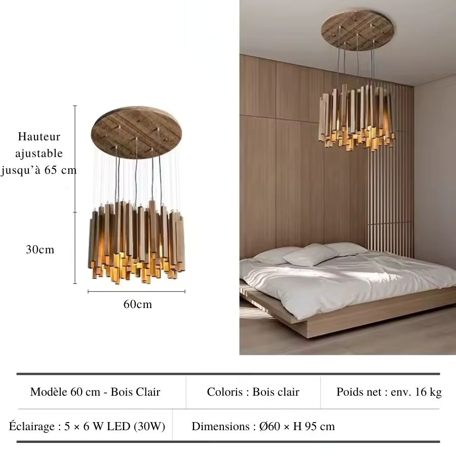 Dans cette version de 60 cm, le bois clair apporte au lustre cascade une esthétique scandinave douce et épurée