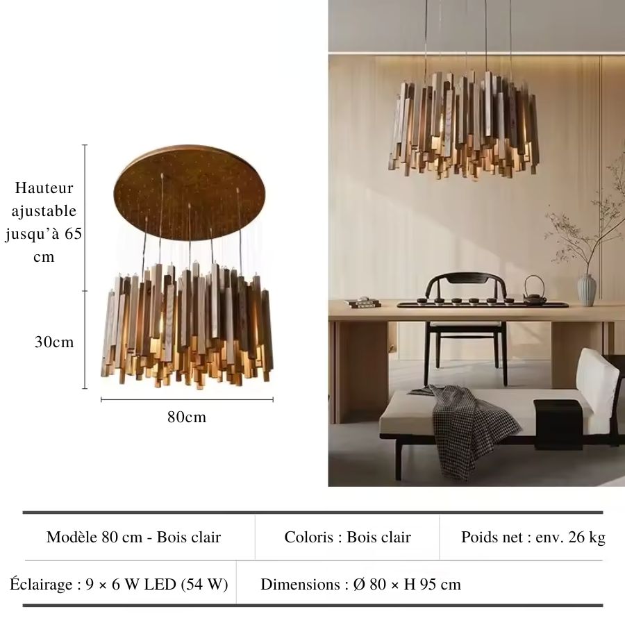 Grand modèle de 80 cm en bois clair, composé de tasseaux suspendus au caractère contemporain et raffiné