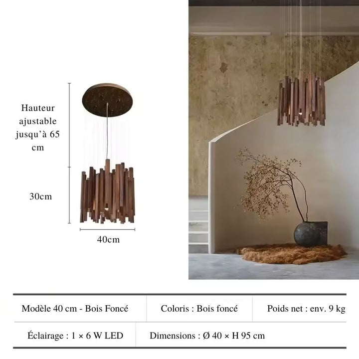 Petit lustre cascade en bois foncé de 40 cm, au design organique et chaleureux pour les espaces plus compacts