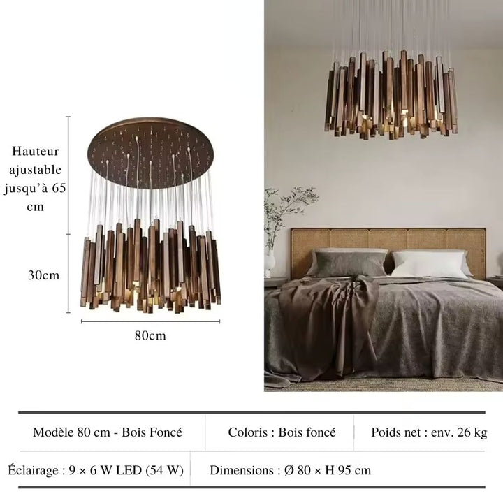 Modèle 80 cm en bois foncé du lustre cascade, présenté dans une chambre chaleureuse au style Japandi