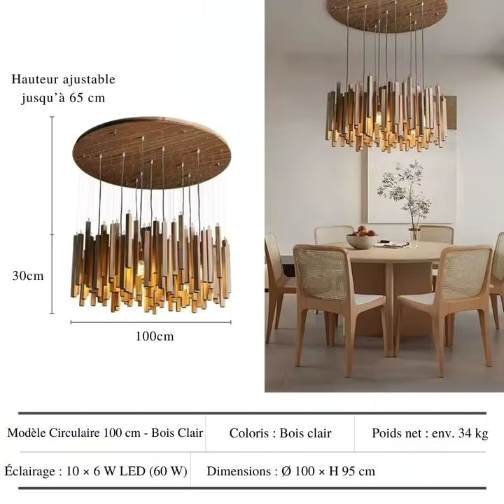 Version circulaire de 100 cm en bois clair, suspendue au-dessus d’une table dans un décor Japandi lumineux