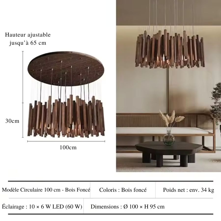 Large lustre cascade circulaire de 100 cm en bois foncé, au design sculptural adapté aux grands volumes