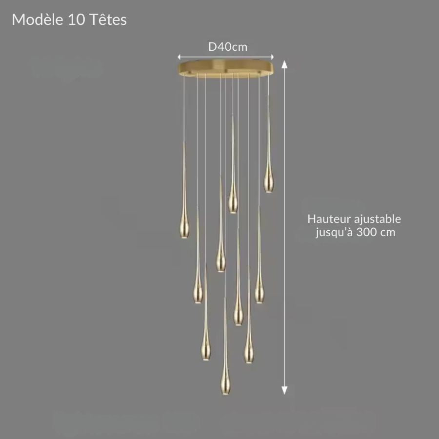 Avec ses dix gouttes dorées étagées, ce lustre cascade dessine une silhouette verticale élégante