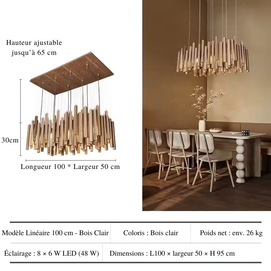 Composition linéaire en bois clair de 100 x 50 cm, au style Japandi chaleureux au-dessus d’une table de repas