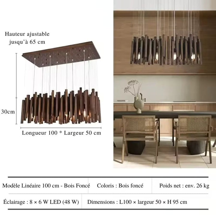 Lustre cascade linéaire en bois foncé de 100 x 50 cm, pensé pour souligner une grande table de salle à manger