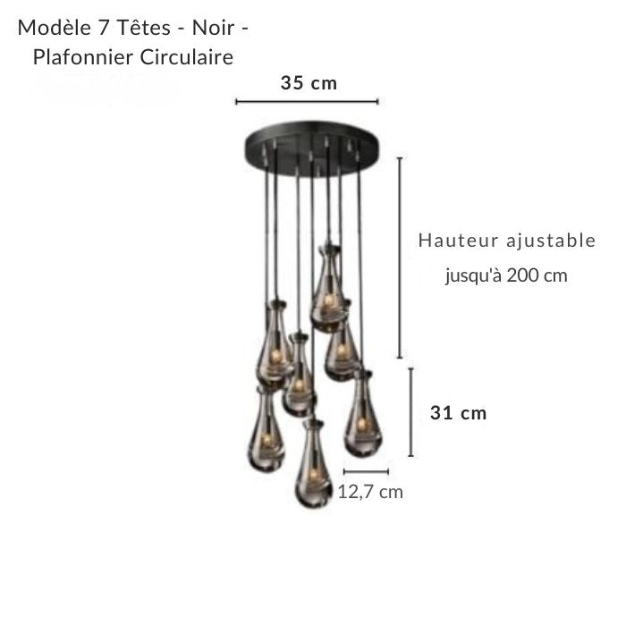 Lustre rond composé de plusieurs gouttes d'eau en verre sur support noir, style contemporain très décoratif.
