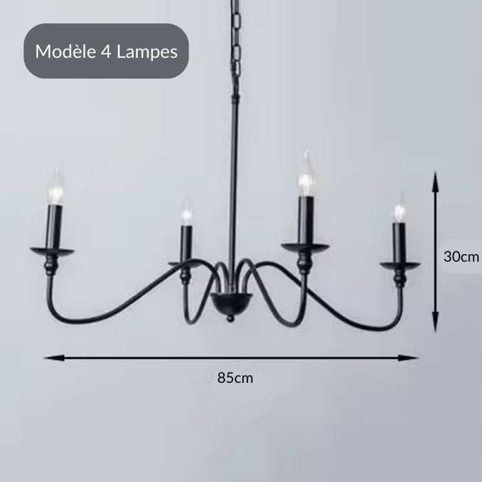 Lustre chandelier noir à 4 lampes aux courbes fluides au style contemporain minimaliste et graphique.
