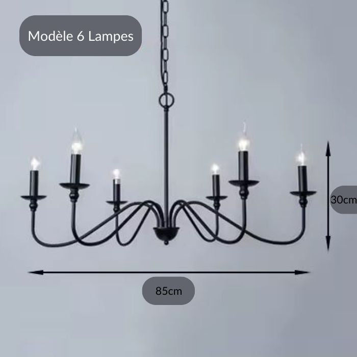 Lustre chandelier noir à 6 lampes en métal au style design épuré avec silhouette aérienne et élégante.