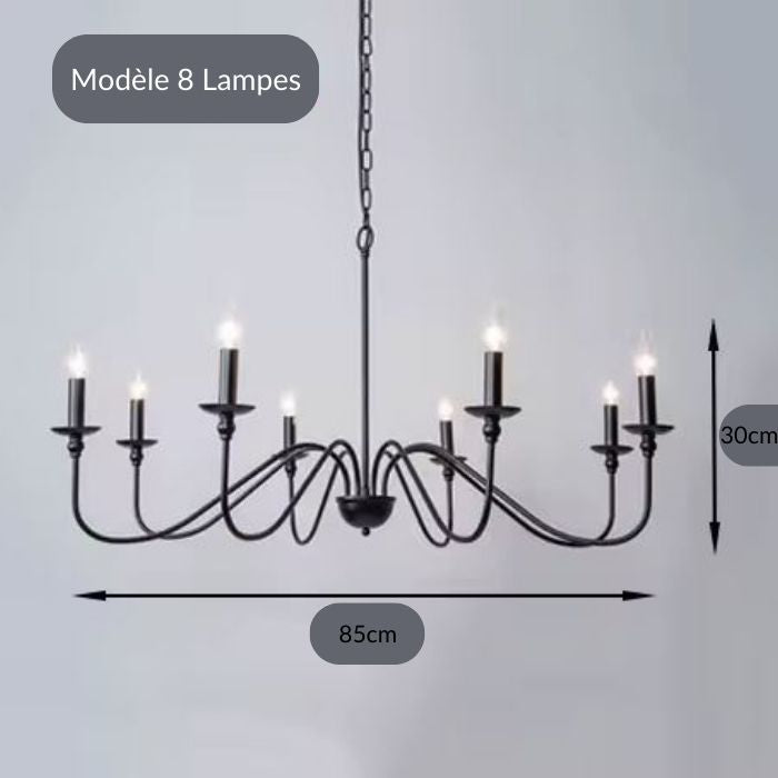 Lustre chandelier noir à 8 lampes aux lignes ondulées au style sculptural contemporain et raffiné.