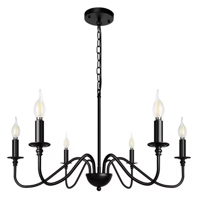 Lustre chandelier noir en métal à six branches au style contemporain épuré et inspiration industrielle chic.