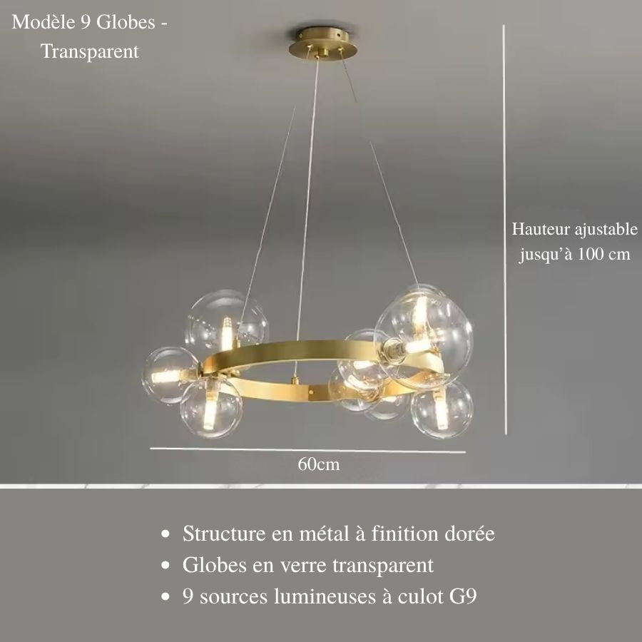 Lustre circulaire doré à 9 globes en verre transparent, au design moderne, de 60 cm et à hauteur réglable jusqu'à 100 cm.