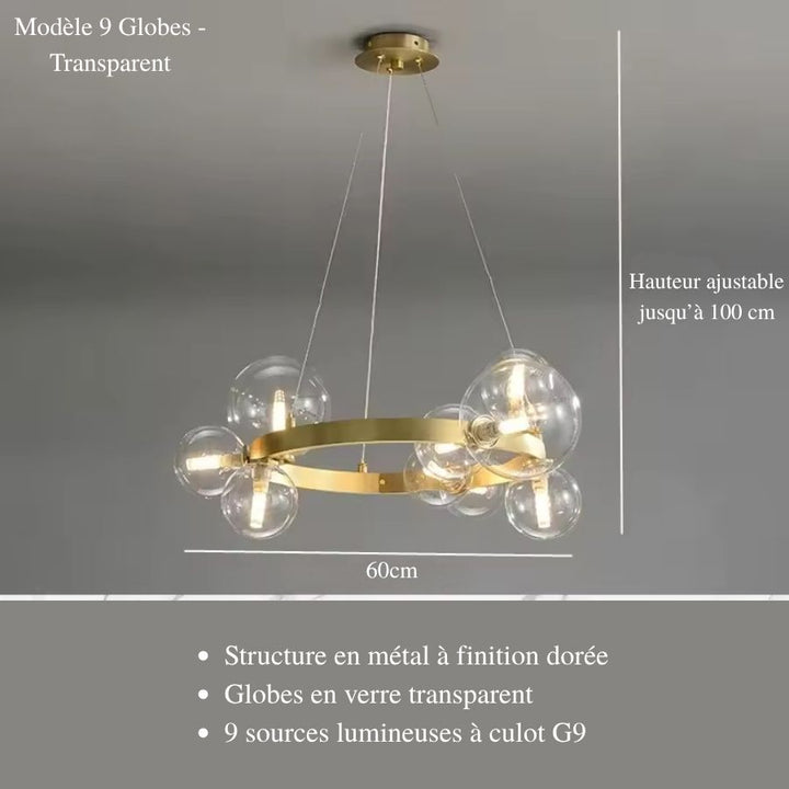 Lustre circulaire doré à 9 globes en verre transparent, au design moderne, de 60 cm et à hauteur réglable jusqu'à 100 cm.