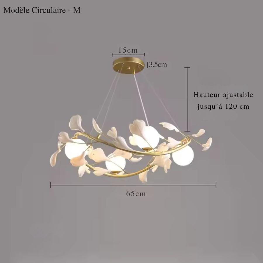 Schéma du lustre circulaire de 65 cm aux branches dorées et fleurs blanches, avec câbles ajustables jusqu'à 120 cm.