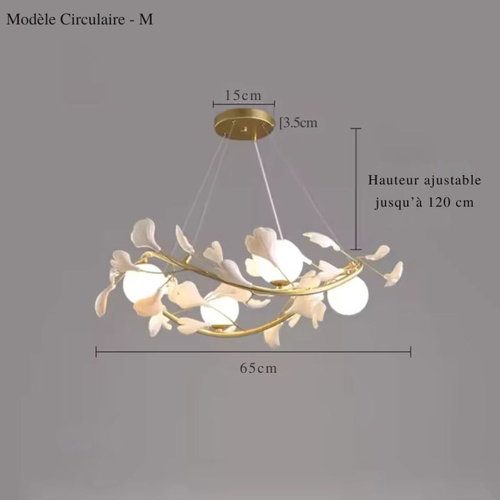 Schéma du lustre circulaire de 65 cm aux branches dorées et fleurs blanches, avec câbles ajustables jusqu'à 120 cm.