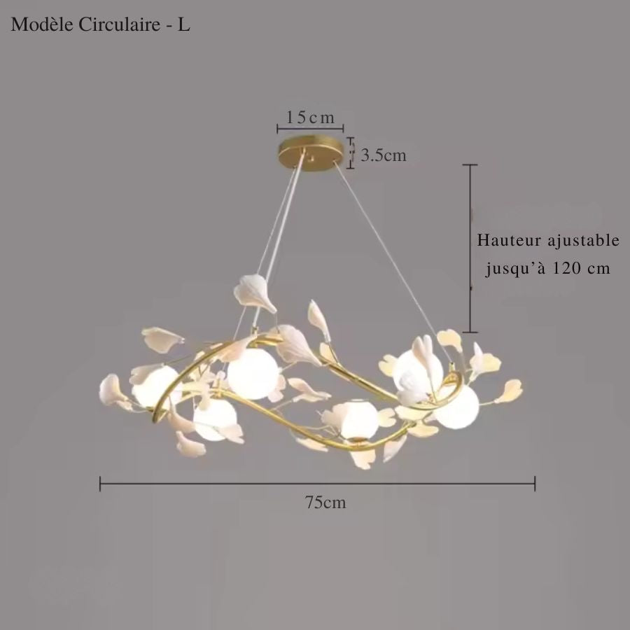 Dimensions du lustre floral circulaire doré de 75 cm, avec globes opalins et hauteur de suspension réglable jusqu'à 120 cm.