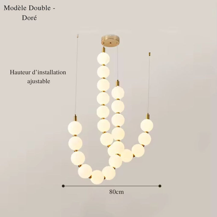 Déclinaison double dorée de 80 cm aux globes lumineux blancs, idéale pour un intérieur élégant et design