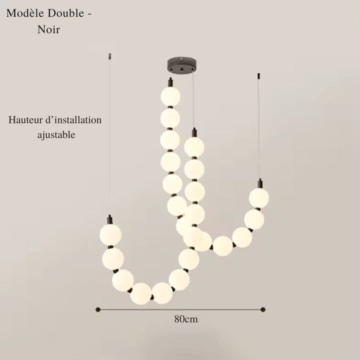 Composition double de globes lumineux blancs sur structure noire, au design organique et contemporain
