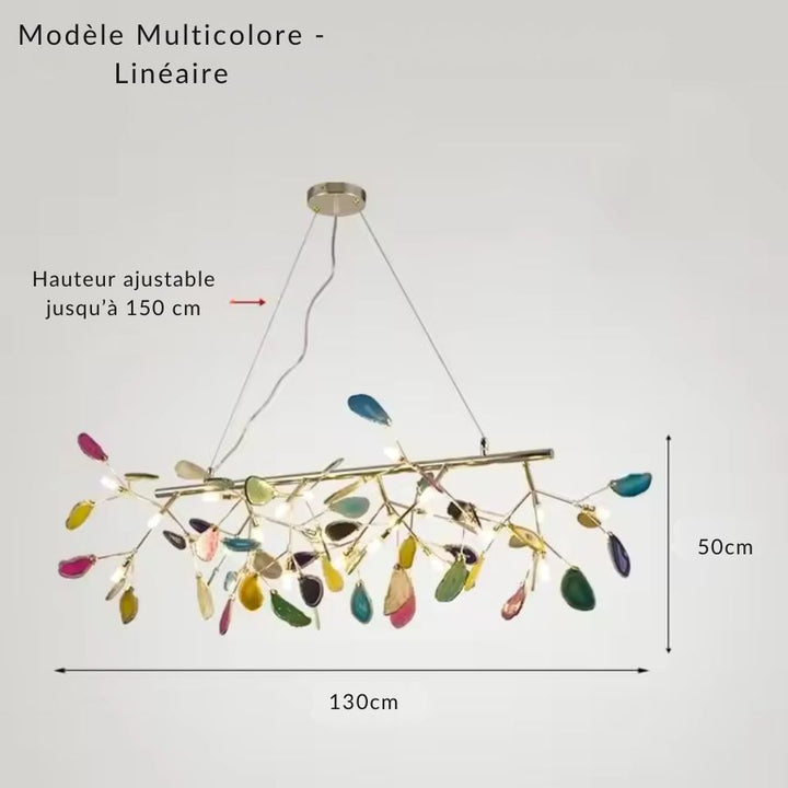 Lustre linéaire multicolore en agate naturelle de 130 cm, au design sculptural et organique