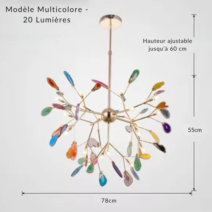 Lustre coloré à 20 lumières orné de feuilles d’agate naturelle multicolore sur structure dorée